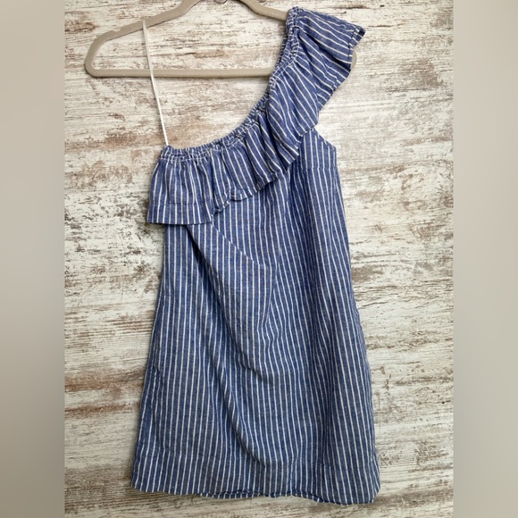 Madewell Dresses & Skirts - Madewell One-Shoulder Blue White stripe Linen Blend dress sz XS EUC